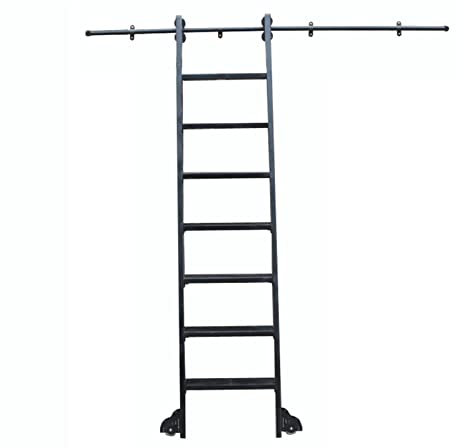 Set di Scala della Libreria del Fienile Scorrevole Kit per la Porta del fienile Scorrevole Nero, Set Completo di Hardware per Cavalcata Scorrevole a scaletta+ rotaia di prolunga, con Ruote a rulli da