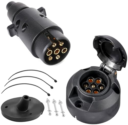 SPARKMOTO 7 poliger Anhängerstecker und 7 polige Anhängersteckdose,12V Wasserdicht Wohnwagen Anhänger 7 poliger Stecker Steckdose mit Montagezubehör,Anhänger AHK Adapter Stecker Steckdose(Gummi Kappe)