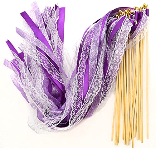 50x Hochzeit Zauberstäbe mit Glocken,Spitzen Luftschlangen Seide Fee Stick,Lace Ribbon Wedding Wands Fairy Stick Wish Wands für Hochzeit Partys Babypartys Geburtstag Urlaub Feiern Weihnachten,Lila