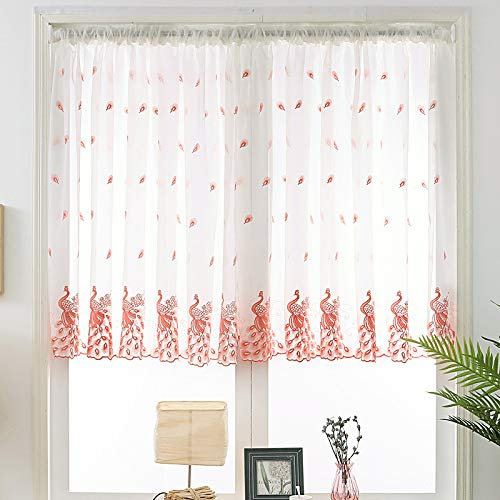 Devola Pastorale Art Rideau brise-bise transparent avec motif paon brodé pour la vie privée - 120 x 150 cm - Rose - 1 pièce