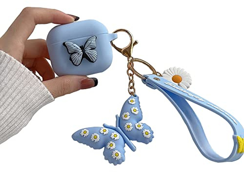 Kompatibel mit AirPods 3rd 2021 Generation Hülle Schmetterling, Niedliche 3D Cute Cartoon Silikon Hülle Schutzhülle Kinder Teenager Mädchen Frauen für AirPods 3 Case Cover Butterfly - Blau
