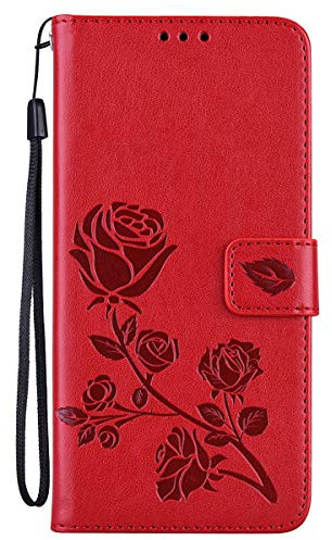 Midmelon Housse de Portable pour Huawei Honor 9X Lite,Motif de Fleurs Roses 3D en Relief Antichoc Mince Cuir Rabat Bourse Etui Coque avec Porte Cartes Support,Rouge