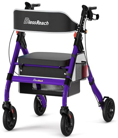 BlessReach Robuster Rollator – Aluminium-Rollator für Senioren und Erwachsene mit großem Sitz, unterstützt bis zu 204 kg (lila)