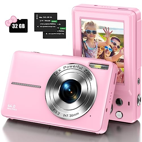 Camara Fotos Digital con Tarjeta de Memoria Micro 32G, 1080P Cámara Digital 44MP Cámara Digital Compacta HD Camara de Fotos con Zoom Digital de 16x y 2 Pilas para Niños y Principiantes-Rosa