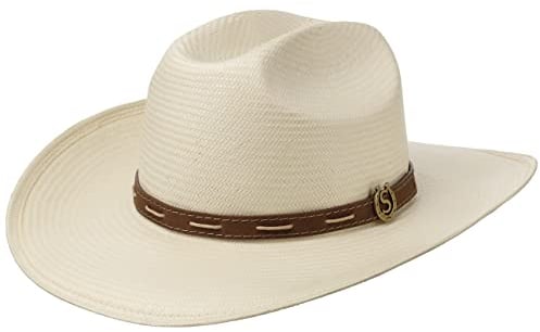 Stetson Edcouch Western Toyo Strohhut - Naturfarbener Hut - Cattleman-Krone Sommerhut mit Ledergarniturband - Herren - Frühjahr/Sommer Natur XL (60-61 cm)