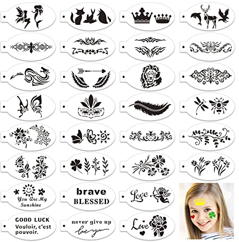 OOTSR 30 Stück Gesichtsbemalung Schablonen Kit, Körpermalerei Vorlage für Party Urlaub Halloween Make-up Kunst Malerei, Wiederverwendbare Weiche Tattoo Schablonen für Kinder