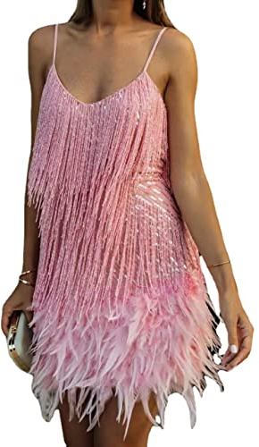 MOFLORA Damen-Kleid mit tiefem V-Ausschnitt, rückenfrei, figurbetont, Sommer, Fransen, Quaste, Club, Party, Abschlussball, Miniträgerkleid, Feather-Pink, Mittel