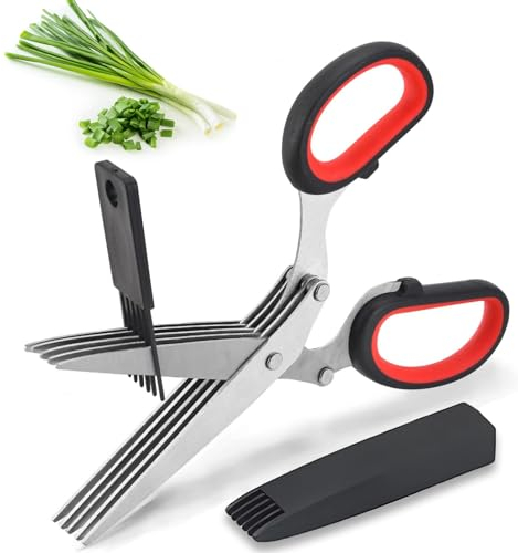 KISUOMAOYI Herb Scissors,Kitchen Scissors Multifunctional 5 Blade Kitchen,Scissors with Lid and Cleanup Comb,Stainless Steel Shears for Chopping Chives and Parsley（Black&Red）