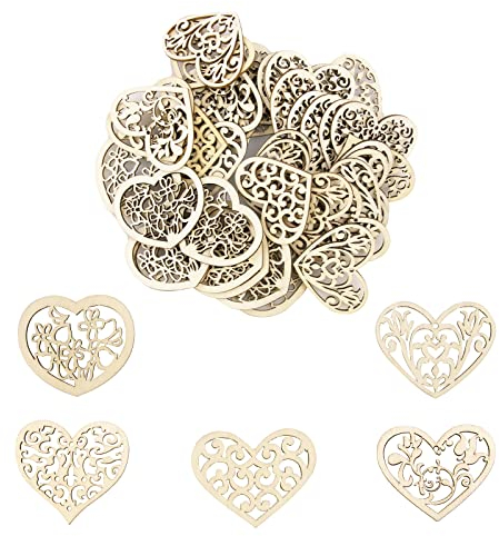 FRUHLING 50 Stück Holz Herzen Holzherzen Deko Hochzeit Holzherzen zum Basteln Herz Holz Scheiben für DIY Handwerk Verzierungen Tischdeko 53 mm