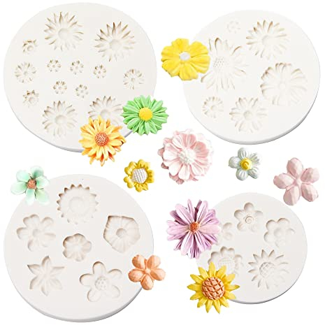 Neikafan 4 Piezas Moldes de Silicona para Fondant Moldes de Silicona de Rosas Margaritas Mini Moldes De Fondant De Pastel De Flores 3D Moldes de Flores para Decoración de Pasteles Chocolate