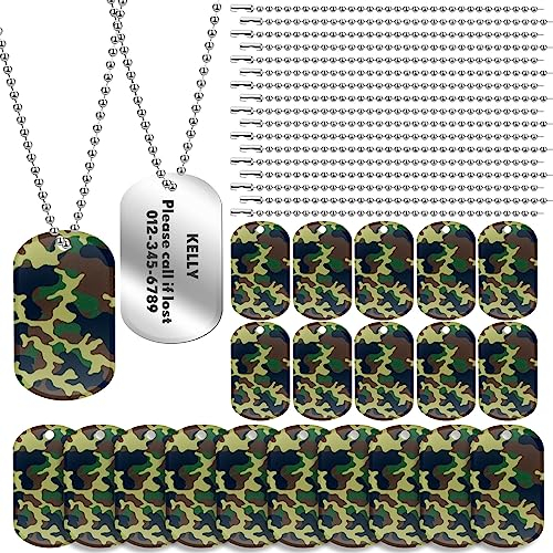 Huquary 50 Stück Aluminium-Erkennungsmarken, Camouflage, Militär-Partygeschenke, inklusive 50 lange Perlenketten