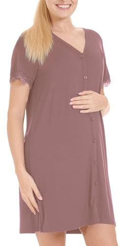 Herzmutter Chemise de Nuit d'allaitement - Chemise de Nuit Maternité Femme Grossesse - avec Boutons - Robes Grossesse Allaitement - Manches Courtes avec Dentelle - 2850 (XXL, Vieux Rose)