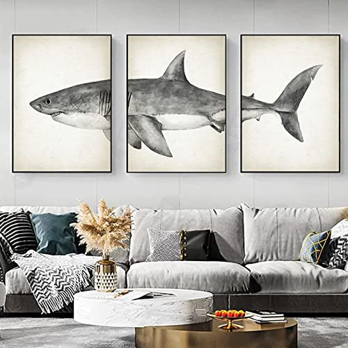 JACBON Meerestiere, 3-teiliges Poster, Leinwandgemälde, Druck, großer weißer Hai, Wandbild für Wohnzimmer, Heimdekoration, 50 x 70 x 3 cm, rahmenlos