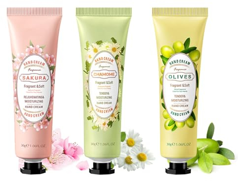 Kamille,Kirschblüte und Olive Handcreme,Hand Feuchtigkeitscreme für Raue,Strapazierte Haut,Sanfte Pflegecreme für Trockene Hände,Geburtstagsgeschenk Weihnachtsgeschenke für Frauen Männer Mama Oma,3PCS