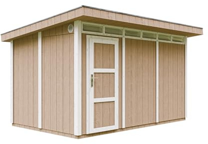 Gartenhaus Premium Qualität 8,7m² - L279xW411cm- All-Inclusive-Set mit Boden, Bitumen-Dachziegeln, Farbset- Hochwertiger Geräteschuppen aus Holzwerkstoffplatten LP Smartside - M904 Terra Brown