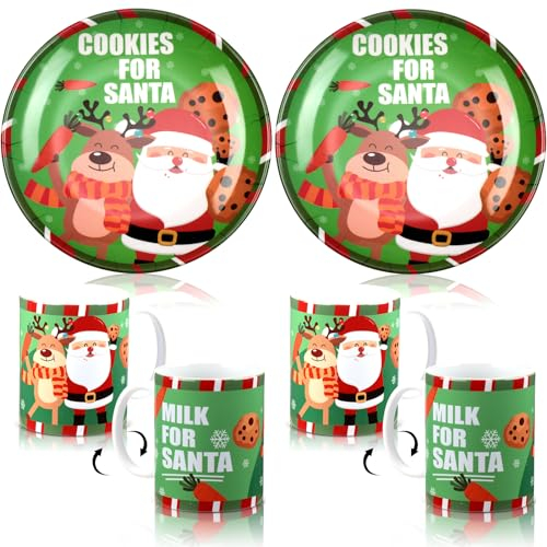 Yaomiao 4 Pcs Christmas Cookies for Santa Plate and Mug Set 2 Christmas Santa Tray 2 Milk Mug Elf Reindeer Santa Theme Gift Set for Xmas Eve Dinner Decorate Holiday Party Favors