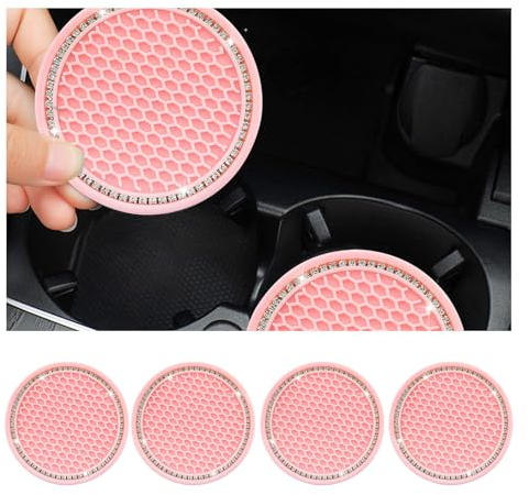 Dickno 4 PCS Bling Car Cup Coaster, 2.75 Inch Crystal Rhinestone Auto Cup Holder Insert Coaster, Anti-Slip Durable Car Drink Cup Mat, Universal Vehicle Interior Decor Accessories (Pink & White)