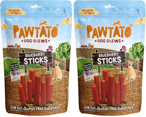 Pawtato Vegan Dog Chews Blueberry Sticks. Natural rawhide alternative dog treat. Low fat, plant based, hypoallergenic, sweet potato and rice chews, 120g (Pack of 2)