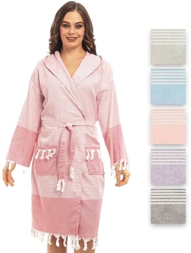 Bademantel aus Hamamtuch, Saunatuch, für Frauen für ultimativen Luxus, mit Gürtel & Kapuze - Langform Damen Leicht und Modisch (L-XL, Rosa)