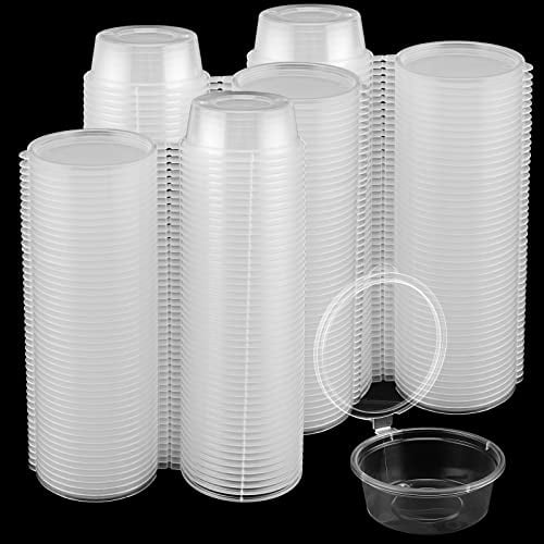 ZEONHEI 150 PCS 2oz Clear Sauce Pots with Lids, 60ml Plastic Round Hinged Takeaway Sauce Pots for Ketchup Dips Crafts Restaurants Packaging