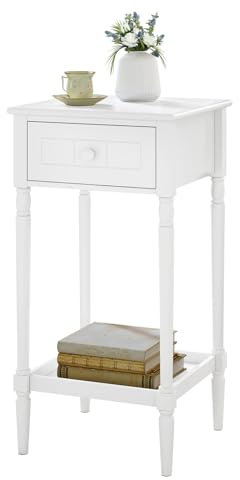 WOLTU Table de Chevet Blanche, Table d'Appoint avec Tiroir et Étagère, 35x35x70,5cm, Table Basse avec Pieds en Bois Massif, Petite Table Haute pour Chambre Salon, Style Baroque, NTS09ws