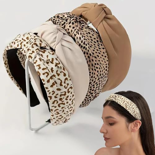 Kisvic Haarreifen Damen Breit, 4 Stück Vintage Haarreif, Modisch für Haare, Süßes Stoff Haarreifen für Damenhaare, Breiter Knoten, Leopardenmuster Haarreifen