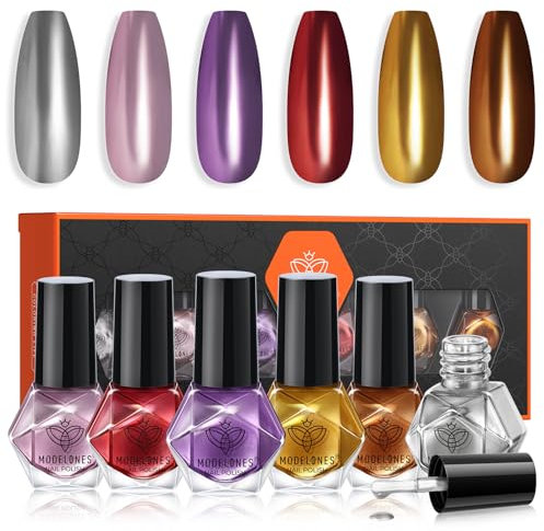MODELONES Nagellack 6 Pcs, Nagellack Schnelltrocknend Rosa Rot Gold Silber Lila Chrom, Nagellack Ungiftig Auf Wasserbasis, Langanhaltender Nagellack für DIY Salon Geschenk für Frauen Mädchen