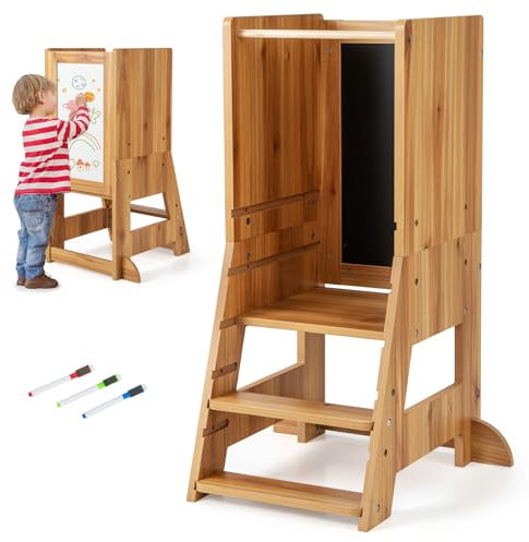 GOPLUS Lernturm Kinder, Mehrzweck-Tritthocker aus Holz mit 3 verstellbare Höhen, Lernstuhl Baby mit Whiteboard, Tafel, 3 Stiften, für Kinder ab 1 Jahren, 37 x 50 x 87 cm (Natur)