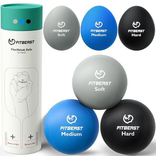 FitBeast Stressbälle, 6er-Pack Stressabbau, Stärkung und GriffBälle, enthält 3 eiförmige und 3 runde Bälle, weiche bis harte Widerstandsstufen (6-teiliges Set – Grau, Himmel, Schwarz)