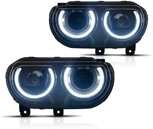 FEIFEISS Auto Scheinwerfer-Komplettsets für-Dodge Challenger 2008-2014, Hochwertig wasserdichte Robustes Tagfahrlicht Vorne Nebellichter Angel Eye Blinker-Baugruppen,Black