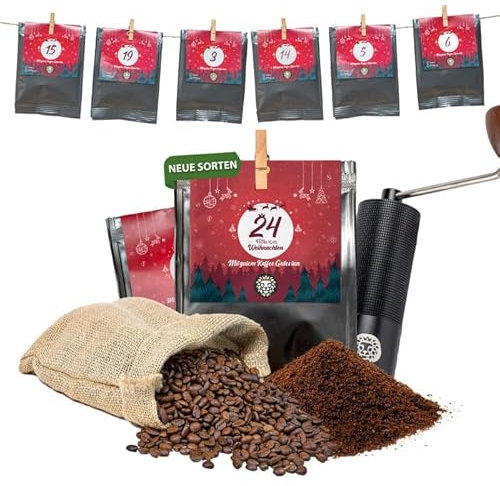 Premium Kaffee Adventskalender inkl. Kaffeemühle manuell - Mit Liebe geröstet von Menschen mit Behinderung - Kaffee Geschenk - fair - 24 x 30 g Kaffee - ganze Bohne