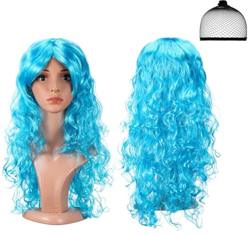 Xinnun 2er-Packung Blau Haar Perücke Lang Cosplay Gelockt Langhaarperücke mit Perückenhaarnetz für Damen und Herren Locken Perücke für Kostümpartys Karneval Halloween(Blau)