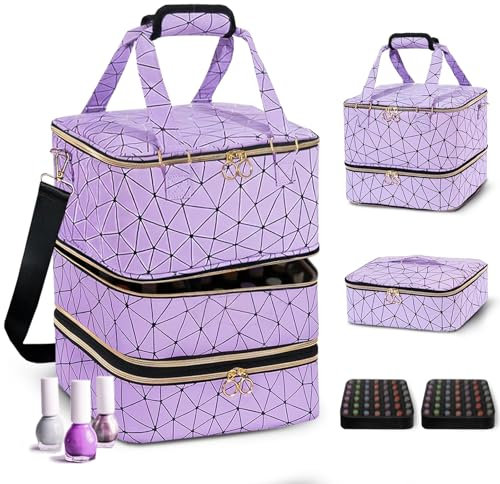 3-Layer Travel Makeup Bag,Nail Polish Organizer,Nail Tools Storage,2 in 1 Removable Polish Package,Waterproof,Adjustable Dividers Compartment,Holds 84 Bottles of 15ML Nail Polish