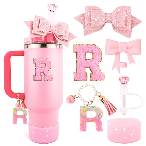 Pink Cup Accessories Set for Stanley 30OZ & 40OZ Tumbler with Handle, Letter Charms, Bow & Diamond Straw Covers, Glitter Silicone Boot, Personalized Sticker for Stanley Cup Accessories (R)