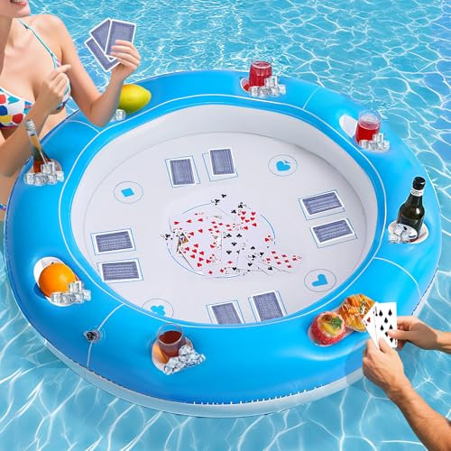 yownig Übergroßer runder schwimmender Tisch für Pool, aufblasbare Pool-Tabletts, schwimmendes Tablett für oder Spieltisch, aufblasbares Spiel für drinnen und draußen, Strand, Sommerpartys