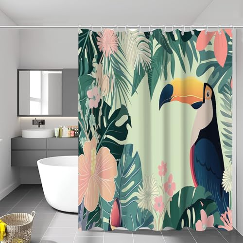 MULERN Rideau De Douche Oiseaux Animaux Imperméable, Tissu Polyester Tropicaux Plantes Douche, Lavable en Machine Rideaux Salle de Bain avec 12 Crochets pour Baignoire Salle de Bains 180 x 200 cm
