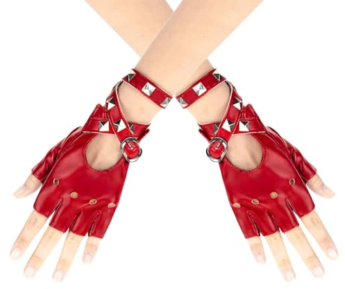 Orivin 1 Paar Handschuhe Nieten Halbfinger Fingerlos Rock Damen Mädchen Lederhandschuhe Für Tanz, Hip Hop, Performance, Pole Dance, Cosplay, Party Rot
