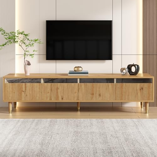 DACHETOU Mueble de TV moderno con aspecto de madera, 178 cm, diseño minimalista, gran almacenamiento, 4 cajones, MDF y acrílico, para salón, estable, elegante, versátil