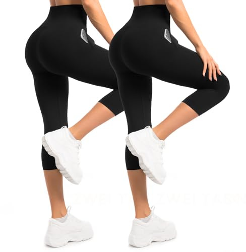 Sanpetix Leggings 3/4 para mujer con bolsillos, paquete de 2 leggings capri de cintura alta para mujer, pantalones elásticos suaves para entrenamientos, gimnasio y yoga