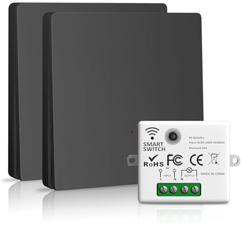 Funkschalter Funk-Lichtschalter Set(BLACK), Funkschaltor mit Wand Schalter, Funks Schalter und Funk-Empfänger 2200W/10A, Intelligent Switch 2.4G Funkschalter 230V