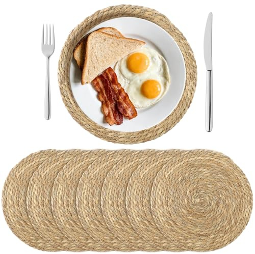 8 Pcs Round Woven Placemats Set, 35 cm Rustic Braided Table Mats, Boho Rattan Chargers, Farmhouse Natural Straw Placemats for Dining Table, Kitchen, Wedding