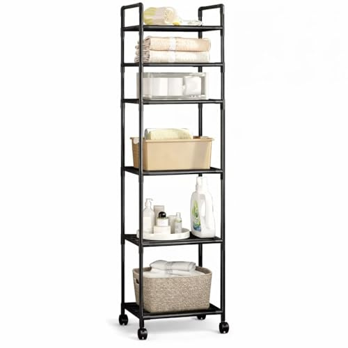 HOMIVIO 6-Tier Storage Shelving Unit with Wheels, Heavy Duty Verticle Organizer Rack, Tool-Free Assembly, Space Saving Open Grid Shelves for Bathroom, Kitchen, Laundry, Office & Garage