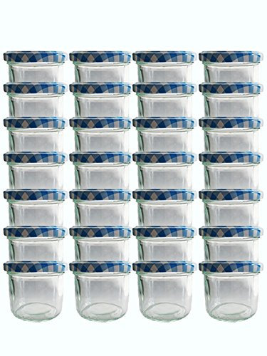 hocz 100 x Marmeladengläser 125ml - Einmachgläser Blau Kariert TO 66 mit ETIKETTEN - Einweckgläser mit Schraub-Deckel - Einkochgläser klein Früchte