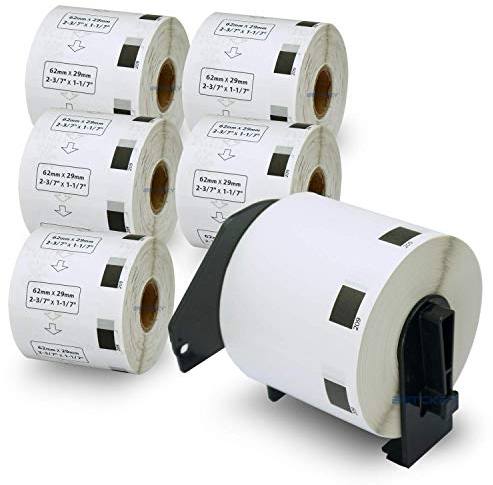 BETCKEY - 6 Rollen DK-11209 Kleine Adressetiketten Kompatibel mit Brother, 62mm x 29mm, 4800 Etiketten für Brother QL Etikettendrucker (1 Wiederverwendbare Etikettenhalter)