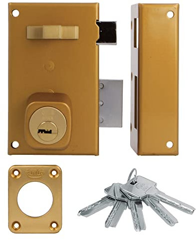 Amig - Verrou de suralimentation droite avec levier de fermeture, languette et poignée pour porte en bois Mod. 75 | 67 x 112 mm | Cylindre rond de sécurité | Acier doré