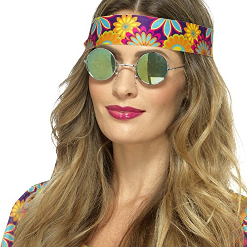 Amakando John Hippiebrille - blau-grün - Runde Flower Power Brille 70er Jahre Retrobrille 60er Jahre Partybrille Schlagermove Funbrille Peace Verspiegelte Hippie Sonnenbrille