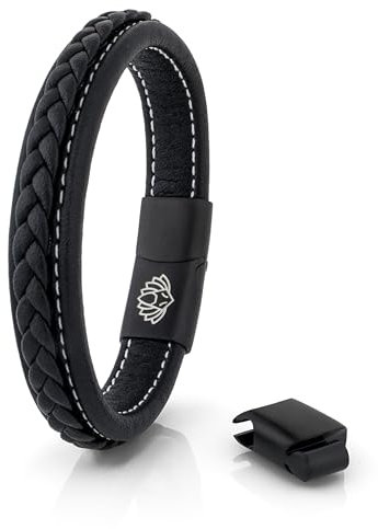 Akitsune Fides Lederarmband | Armschmuck Frauen Herren Edelstahl Männer Armband - Mattschwarz - Schwarz 20cm