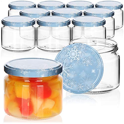 com-four® 12x bocaux à confiture Winter Edition TO Ø 82 mm - 330 ml avec couvercles à vis au design hivernal, pots à confiture bleus et blancs, pot avec couvercle en flocon de neige, confiture Noël