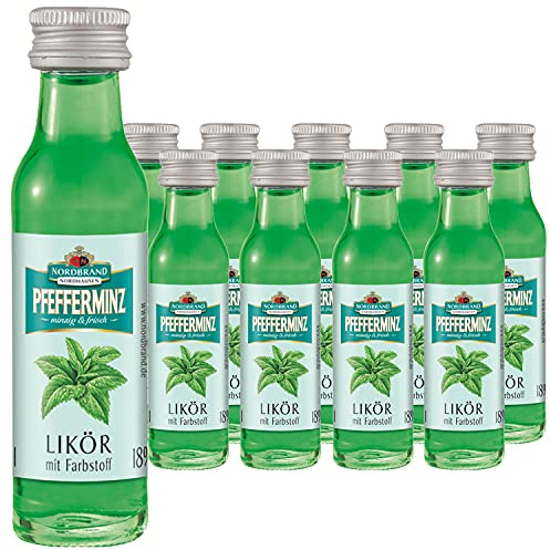 Nordbrand Pfeffi Likör 10x Miniflaschen – Pfefferminzlikör als Party-Shot | 10x20 ml, 18 % vol. – eisgekühlt servieren – inkl. DDR Kochbuch & Ostalgie-Geschenkkarte