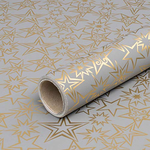 Geschenkpapier, Grau und goldene Sterne, Weihnachtspapier, 0,70 x 10 m